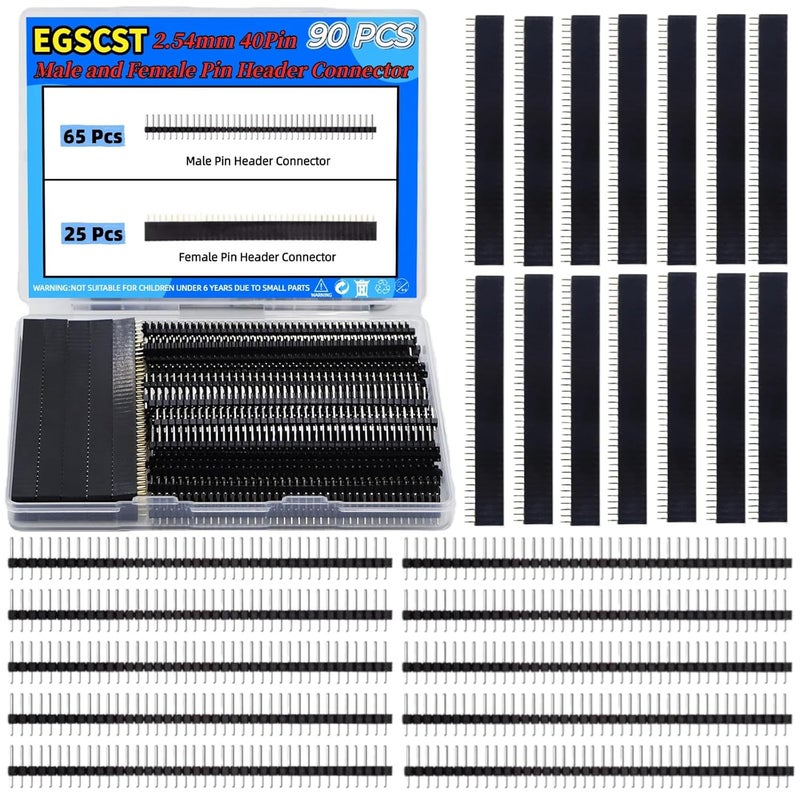 EGSCST 90 قطعة موصلات دبابيس ذكر وأنثى 2.54 مم 40 دبوس صف واحد قابلة للفصل وقابلة للتكديس لمت prototype Arduino و لوحة الدوائر الإلكترونية - Image 1